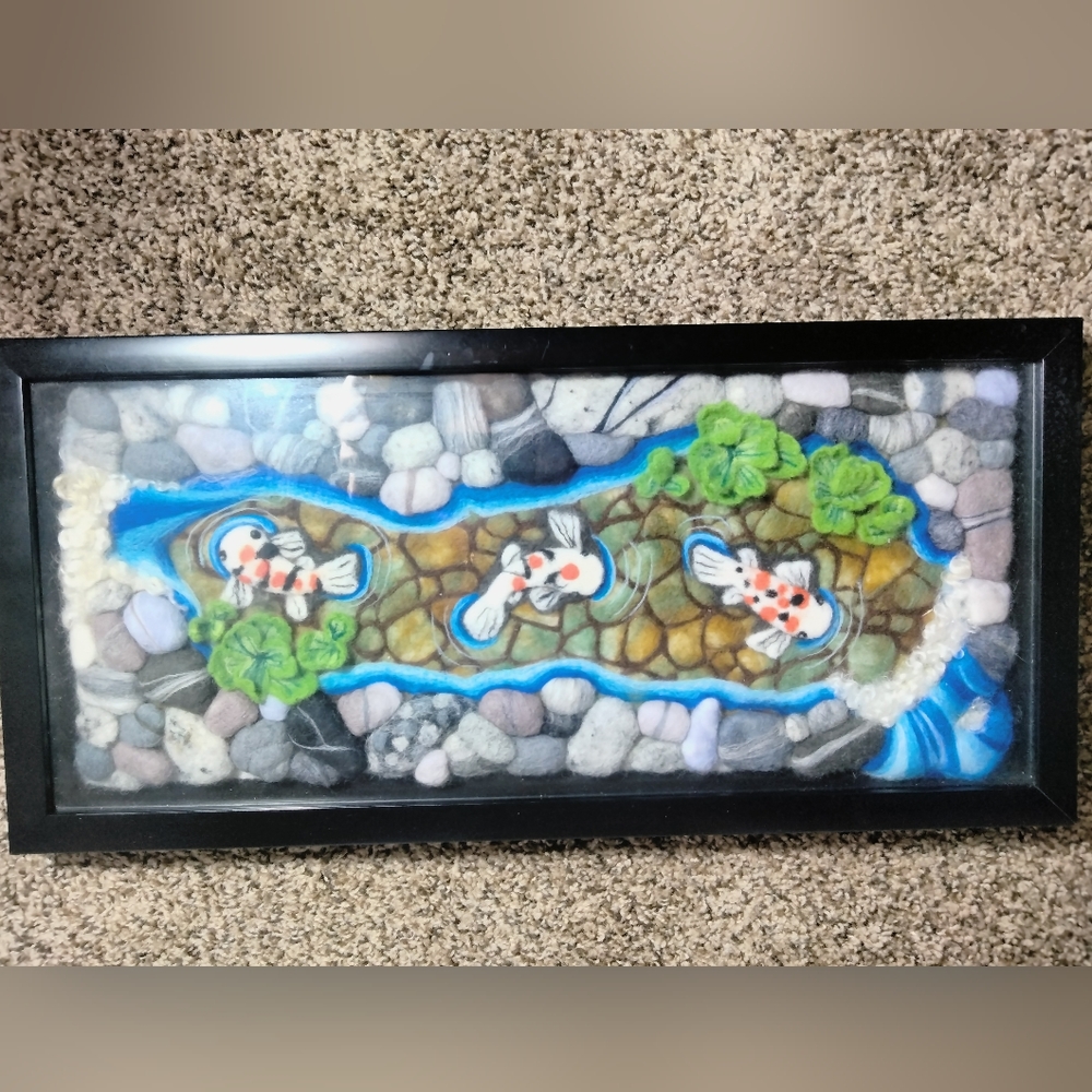Gorgeous OOAK framed needle felted wool koi pond scene